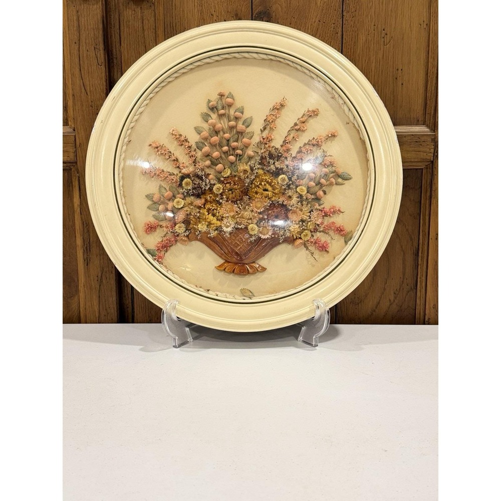 VTG Large Round Convex Glass Dried Floral Wall Hanging 3D Gesso / Wood Frame Art